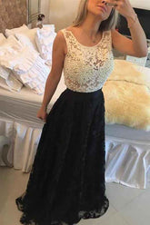 Jewel Sleeveless A-line Lace Prom Dresses, Evening Dresses